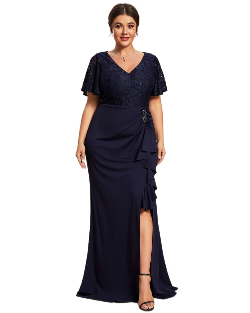 Front of a model wearing a size 16 Lotus Leaf Hemline Bodycon Lace Top Mother of the Bride Dress in Navy Blue by Ever-Pretty. | dia_product_style_image_id:297005